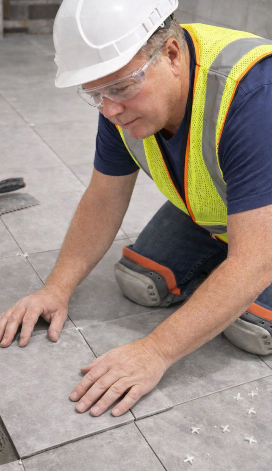 tiler laying tiles with protective clothing